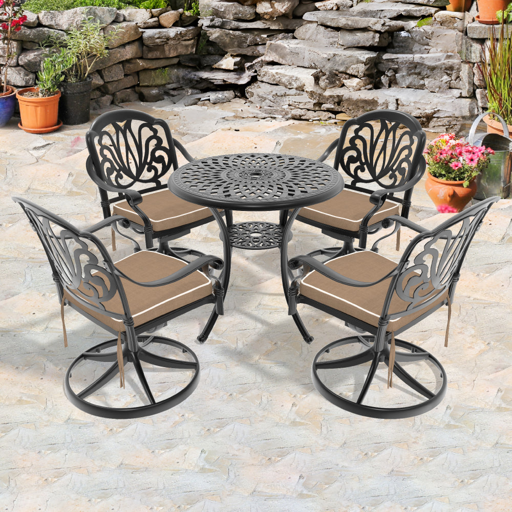 30.71-inch Cast Aluminum Patio Dining Table With Black Frame and Umbrella Hole