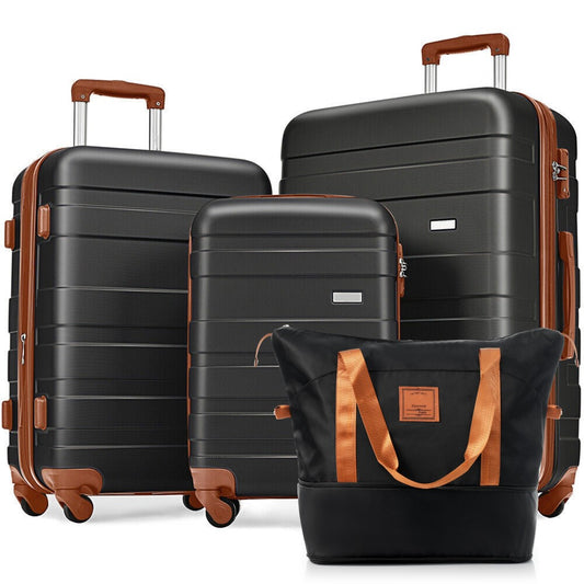 Luggage Sets 4 Piece, ABS Durable Suitcase with Travel Bag, Carry On Luggage Suitcase Set with 360° Spinner Wheels, black and brown